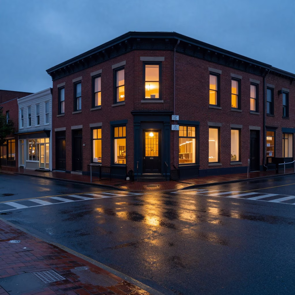 Twilight Street Scene in Portland Oregon with Wet Pavement and Brick Buildings in in Portland, Oregon, United States