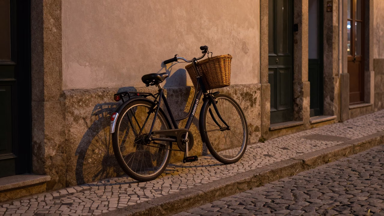 Twilight Street Scene in Porto Portugal with Bicycle and Wicker Basket Near Ribeira in in Porto, Portugal