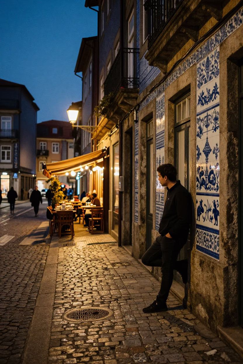 Twilight Street Scene in Porto Portugal with Blue and White Porcelain Jar in in Porto, Portugal