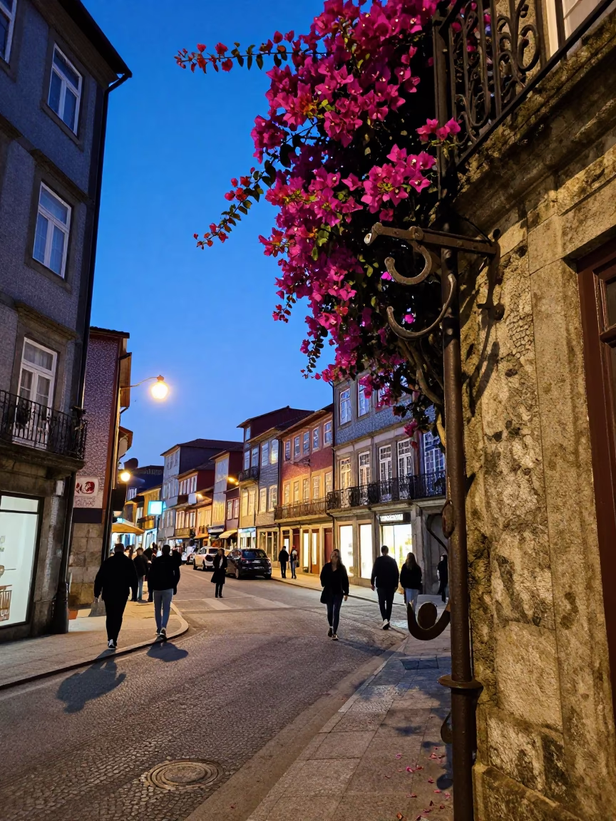 Twilight Street Scene in Porto Portugal with Bougainvillea and Iron Hooks in in Porto, Portugal