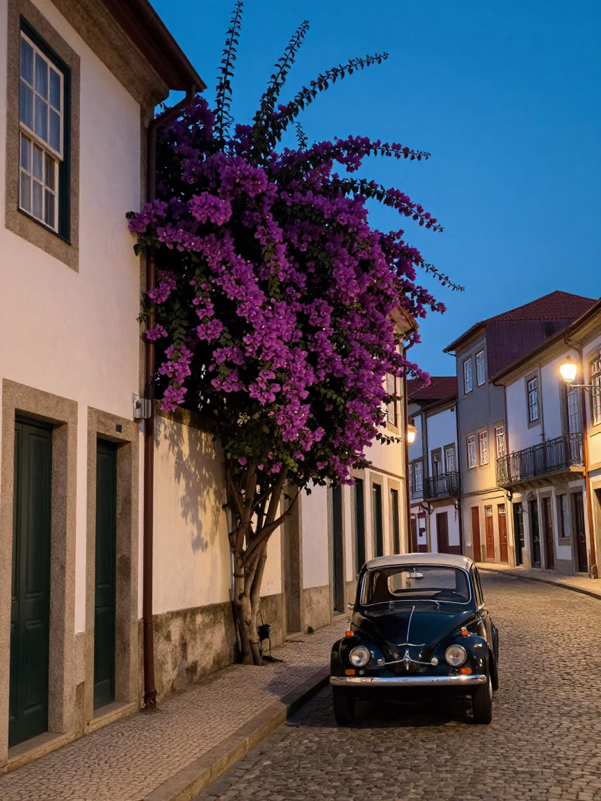 Twilight Street Scene in Porto Portugal with Bougainvillea and Vintage Car in in Porto, Portugal