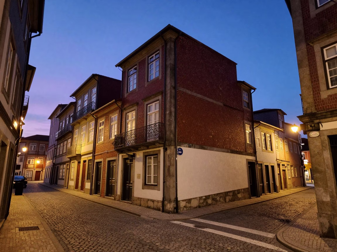 Twilight Street Scene in Porto Portugal with Brick Facades and Warm Window Light in in Porto, Portugal