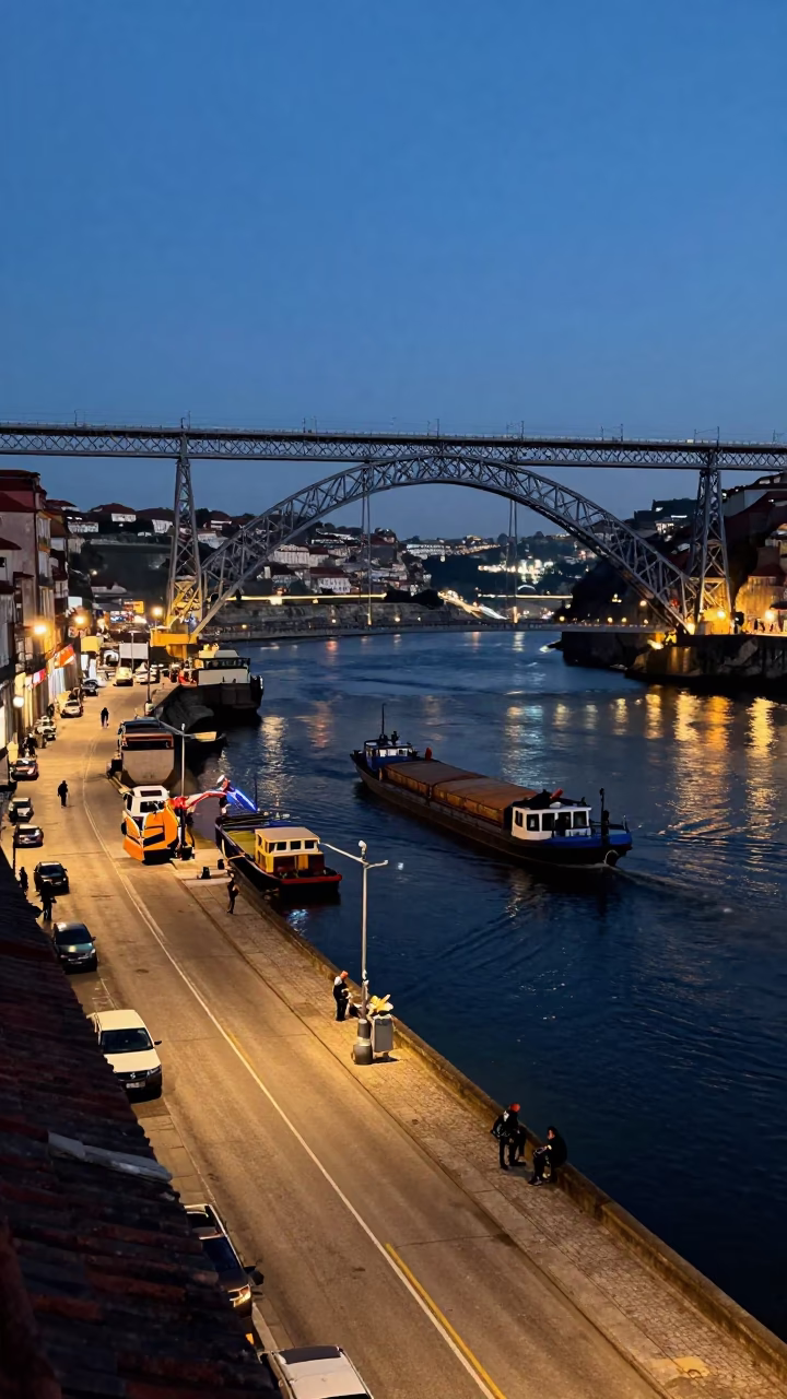 Twilight Street Scene in Porto Portugal with Bridge Maintenance and Canal Barge in in Porto, Portugal