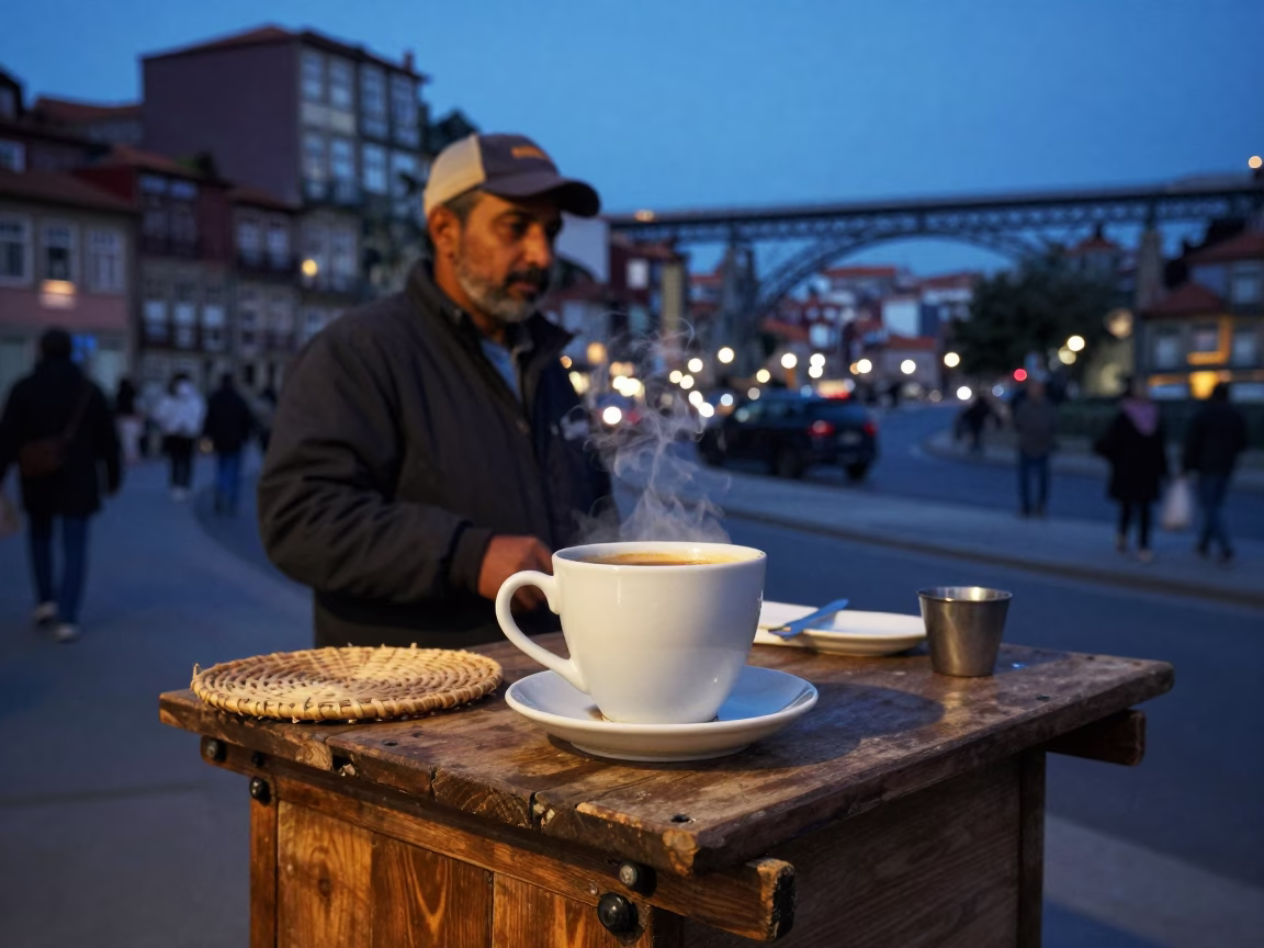 Twilight Street Scene in Porto Portugal with Ceramic Cup and Woven Baskets in in Porto, Portugal