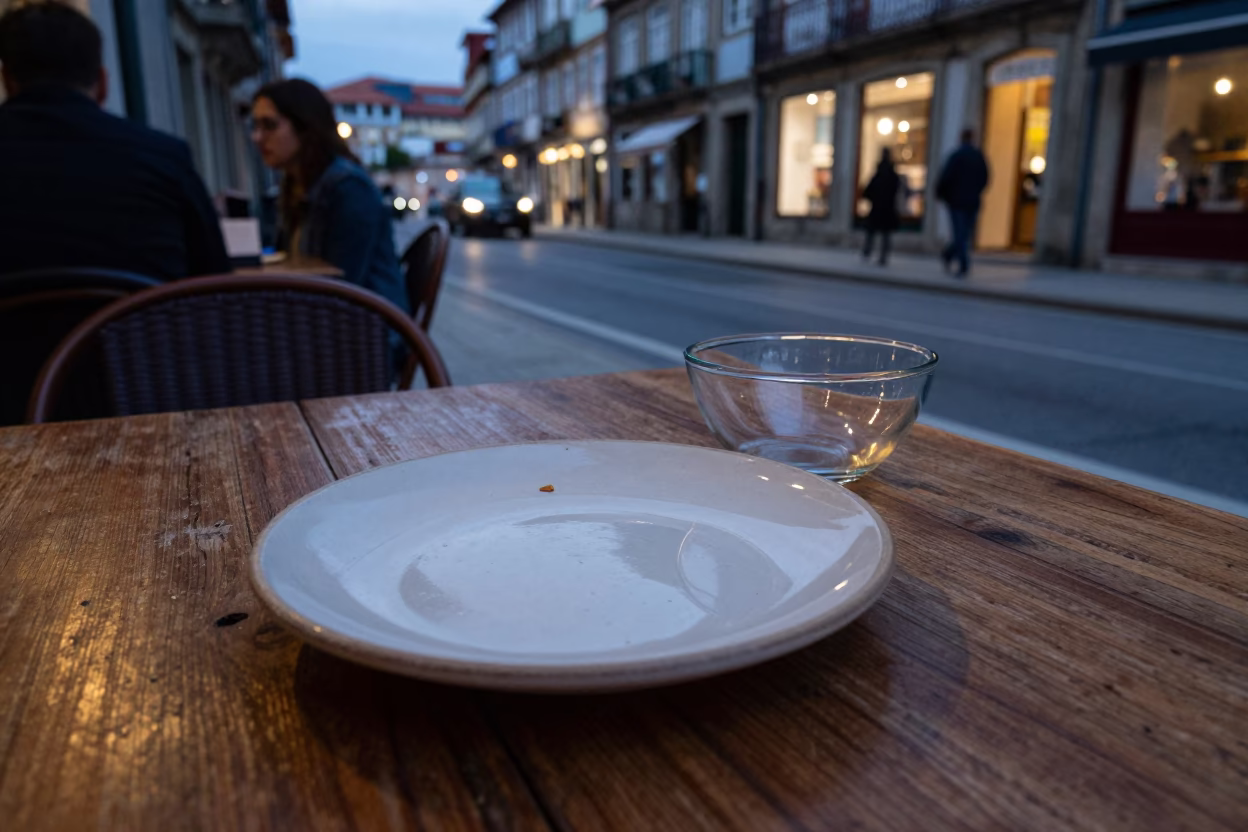 Twilight Street Scene in Porto Portugal with Ceramic Plate and Glass Bowl in in Porto, Portugal