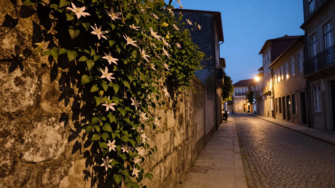 Twilight street scene in Porto Portugal with clematis vine on stone wall in in Porto, Portugal