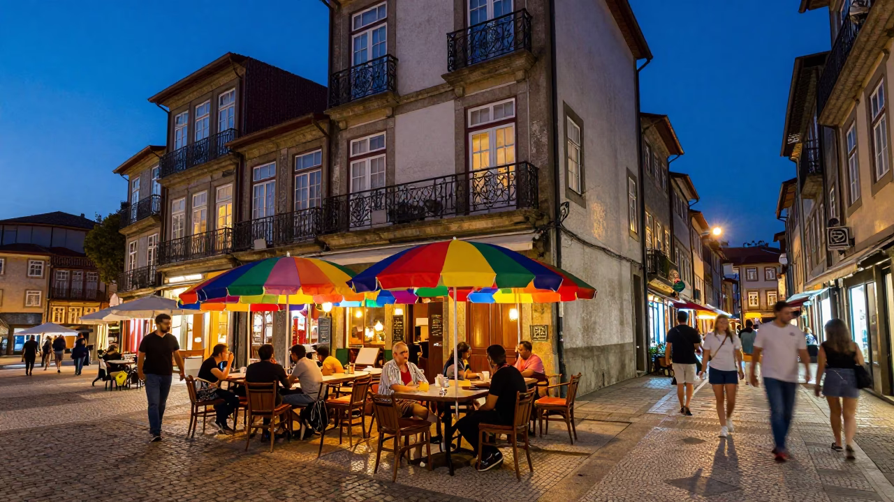 Twilight Street Scene in Porto Portugal with Colorful Umbrellas and Historic Architecture in in Porto, Portugal