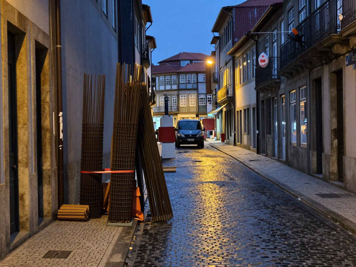 Twilight Street Scene in Porto Portugal with Construction Gate and Gelato Display in in Porto, Portugal
