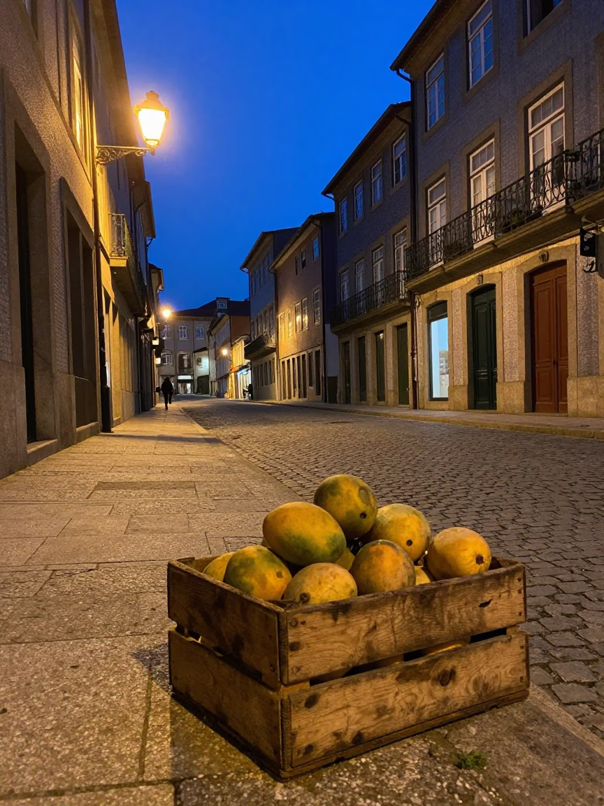 Twilight Street Scene in Porto Portugal with Crate and Mangoes in in Porto, Portugal