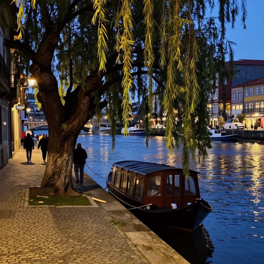Twilight Street Scene in Porto Portugal with Fig Tree and Canal Houseboat in in Porto, Portugal