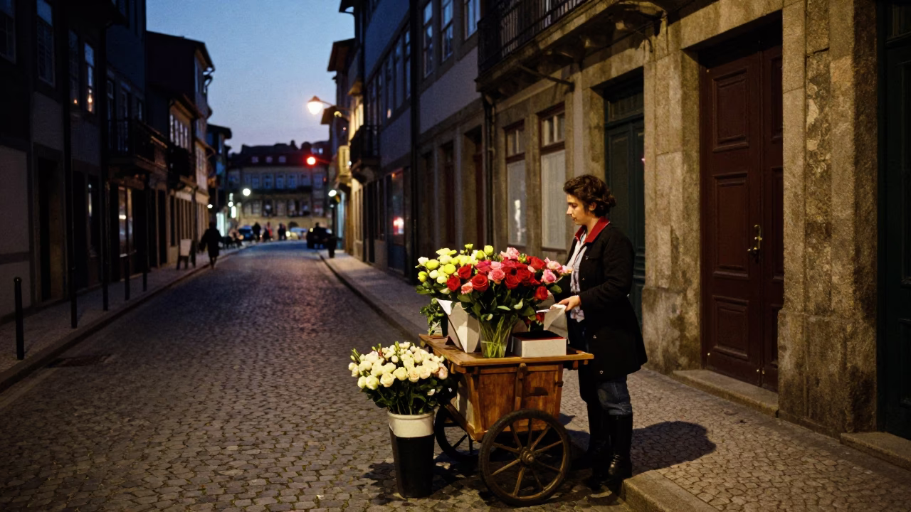 Twilight Street Scene in Porto Portugal with Florist and Cobblestones in in Porto, Portugal