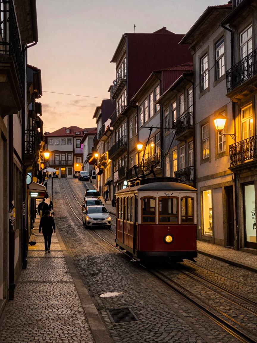 Twilight Street Scene in Porto Portugal with Funicular and Traditional Architecture in in Porto, Portugal