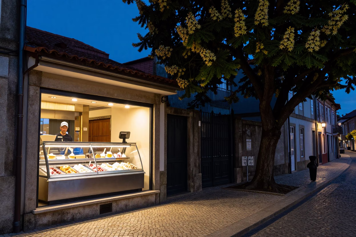 Twilight Street Scene in Porto Portugal with Gelato Display and Chestnut Tree in in Porto, Portugal