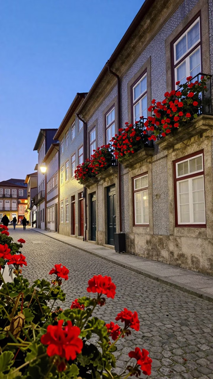 Twilight Street Scene in Porto Portugal with Geraniums and Traditional Architecture in in Porto, Portugal
