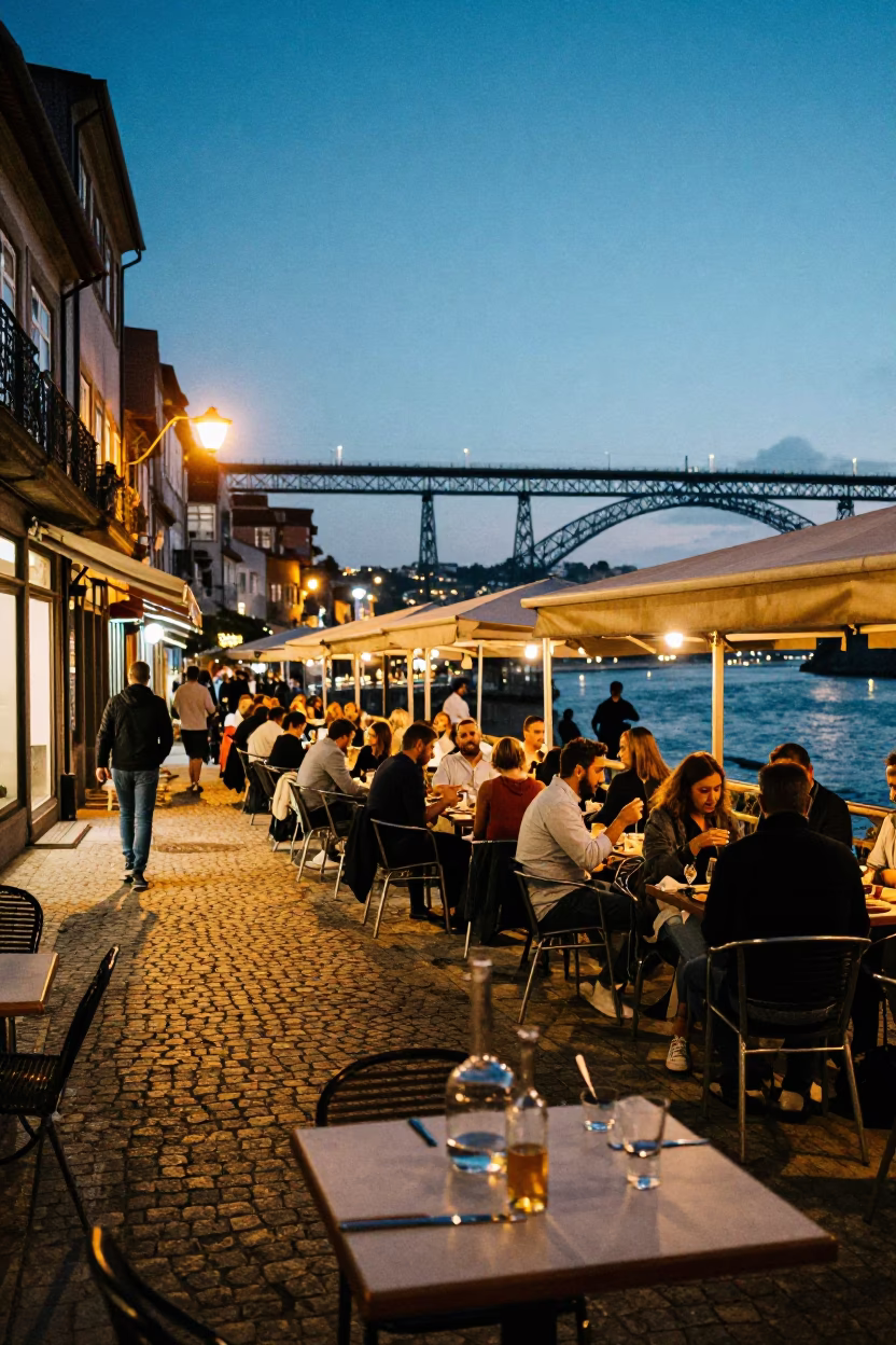 Twilight street scene in Porto Portugal with glass carafe on cafe table in in Porto, Portugal