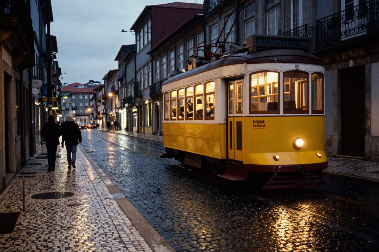 Twilight Street Scene in Porto Portugal with Heritage Tram and Cobblestone Avenue in in Porto, Portugal