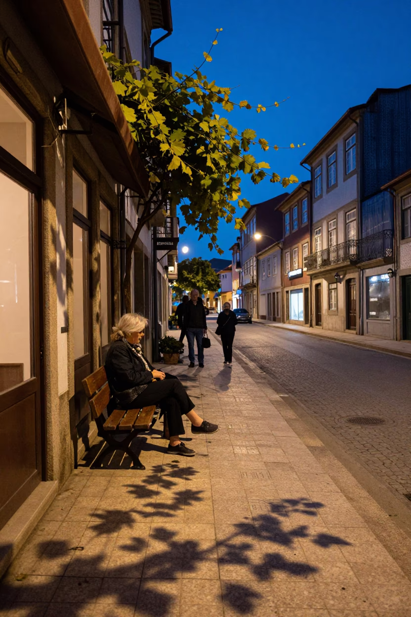 Twilight Street Scene in Porto Portugal with Leaf Shadows on Tile and Ceramic Bowl in in Porto, Portugal