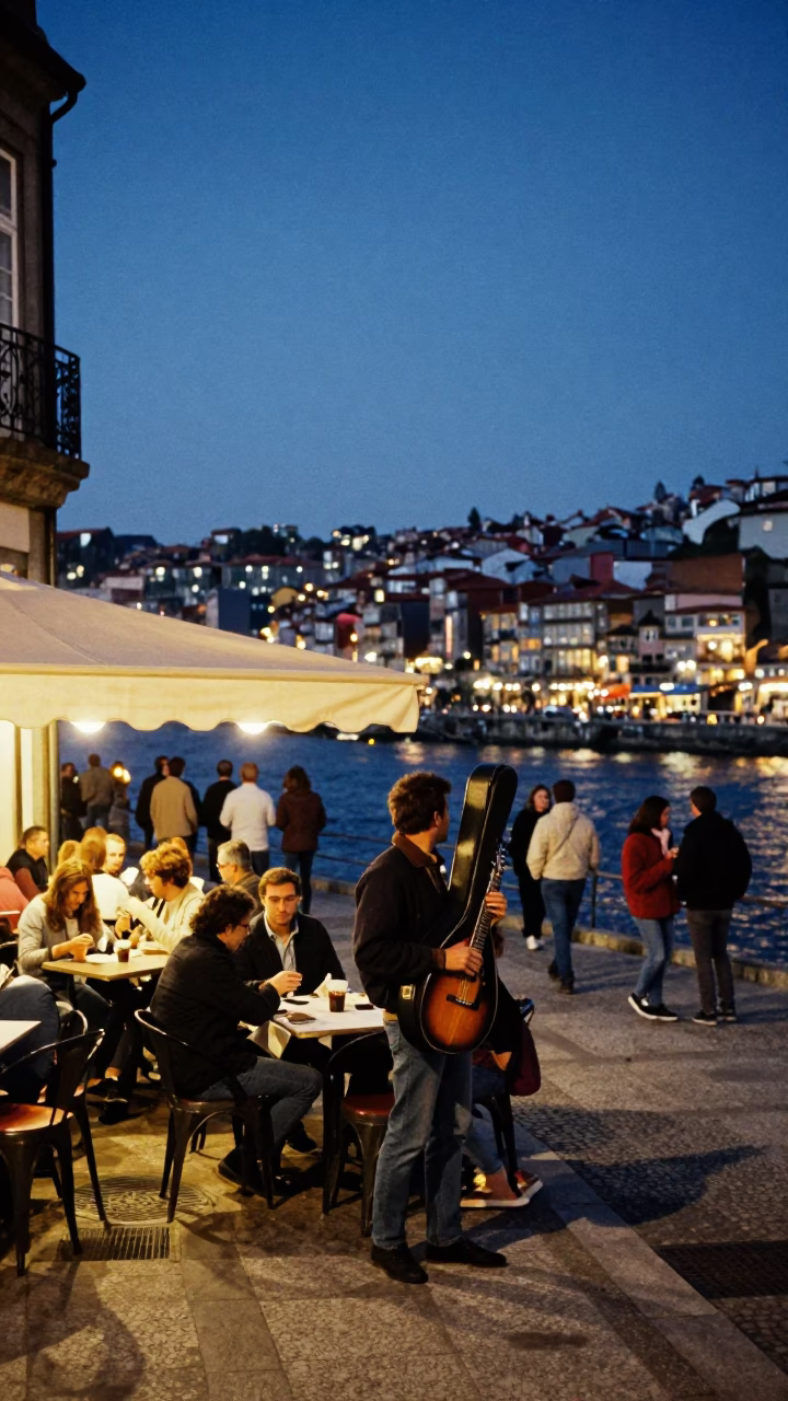 Twilight Street Scene in Porto Portugal with Local Dining and Urban Details in in Porto, Portugal