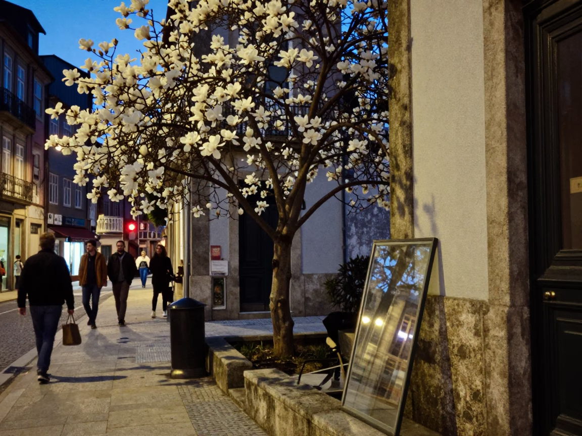 Twilight Street Scene in Porto Portugal with Magnolia Tree and Glass Frame in in Porto, Portugal
