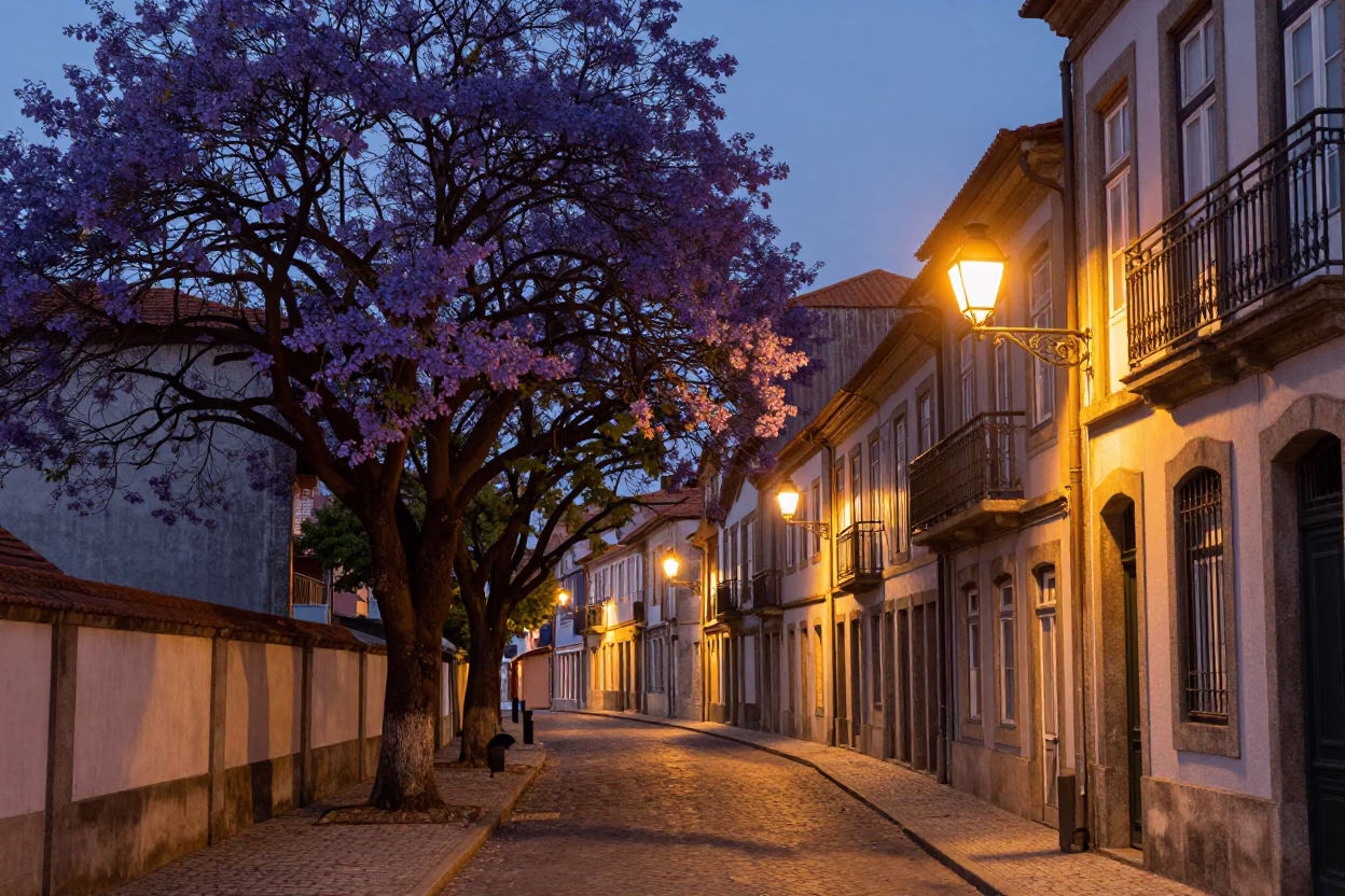 Twilight Street Scene in Porto Portugal with Purple Jacaranda Tree Blooms in in Porto, Portugal