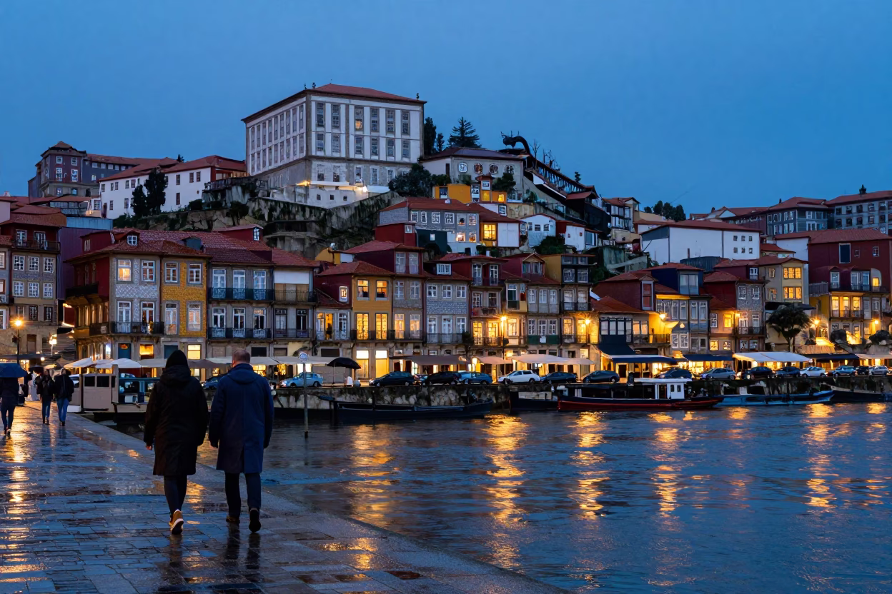 Twilight street scene in Porto Portugal with raincoats and historic architecture in in Porto, Portugal