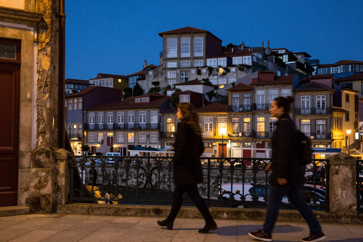 Twilight Street Scene in Porto Portugal with Stone Architecture and Warm Window Light in in Porto, Portugal