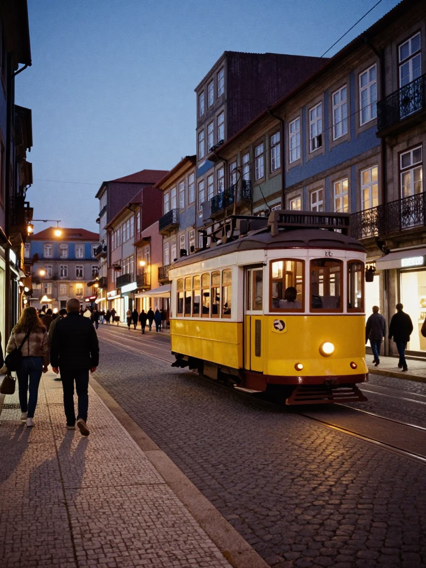 Twilight Street Scene in Porto Portugal with Traditional Tram and Historic Architecture in in Porto, Portugal