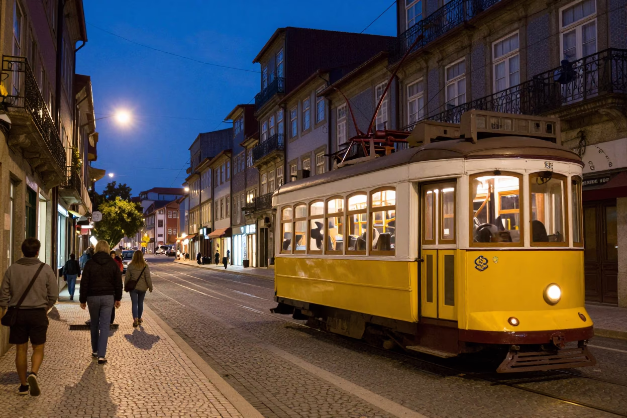 Twilight Street Scene in Porto Portugal with Tram and Historic Architecture in in Porto, Portugal