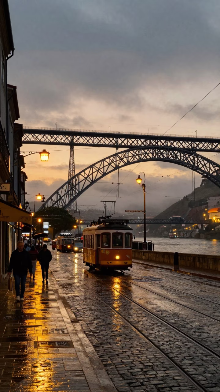 Twilight Street Scene in Porto Portugal with Tramway and Rain-Slicked Cobblestones in in Porto, Portugal