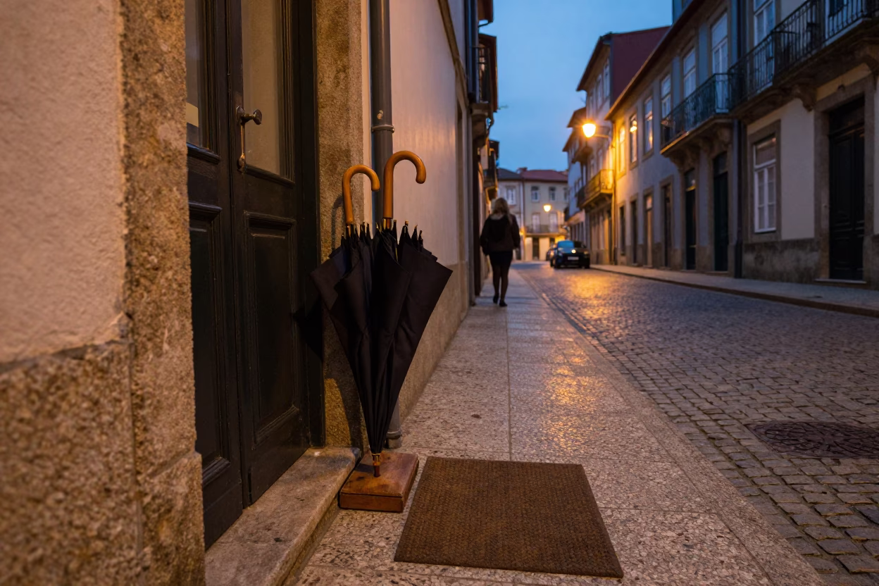 Twilight Street Scene in Porto Portugal with Umbrella Stand and Doormat in in Porto, Portugal