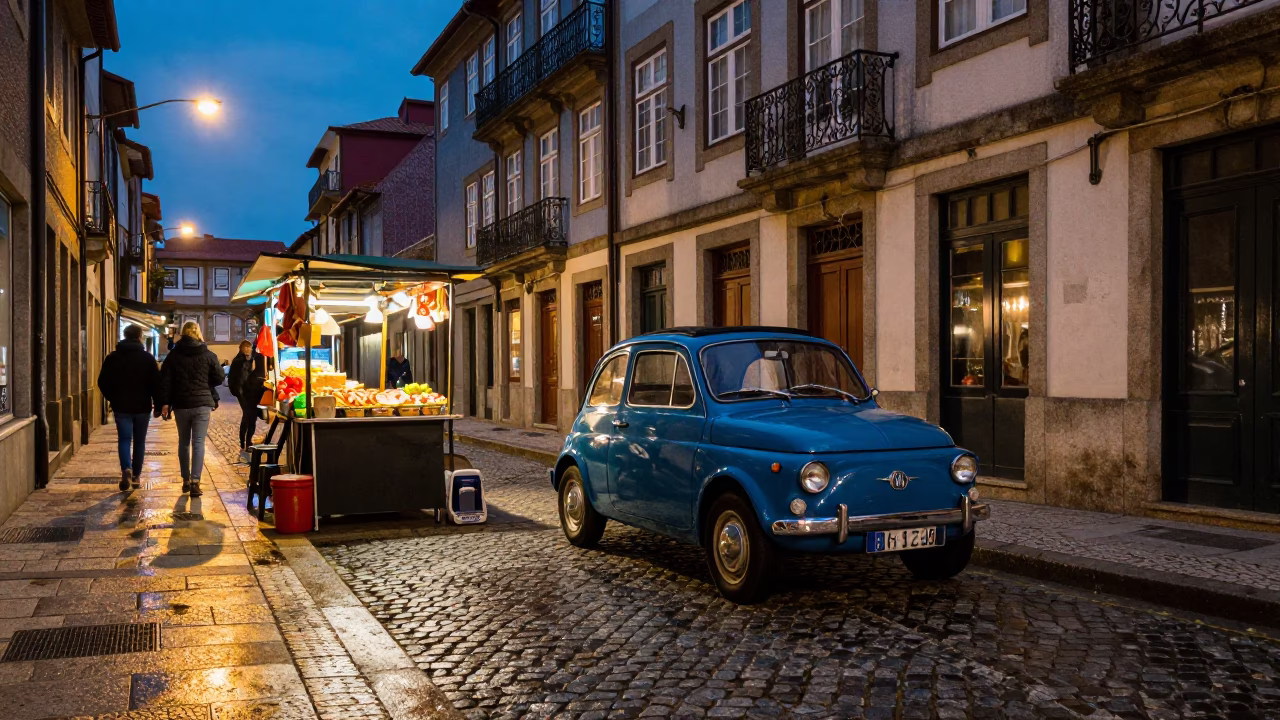 Twilight street scene in Porto Portugal with vintage car and local market onions in in Porto, Portugal