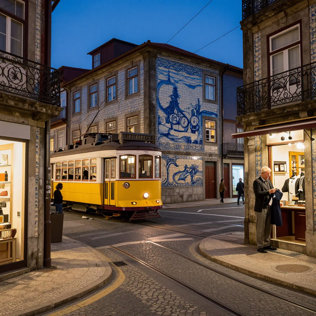 Twilight Street Scene in Porto Portugal with Vintage Car and Tailor Shears in in Porto, Portugal