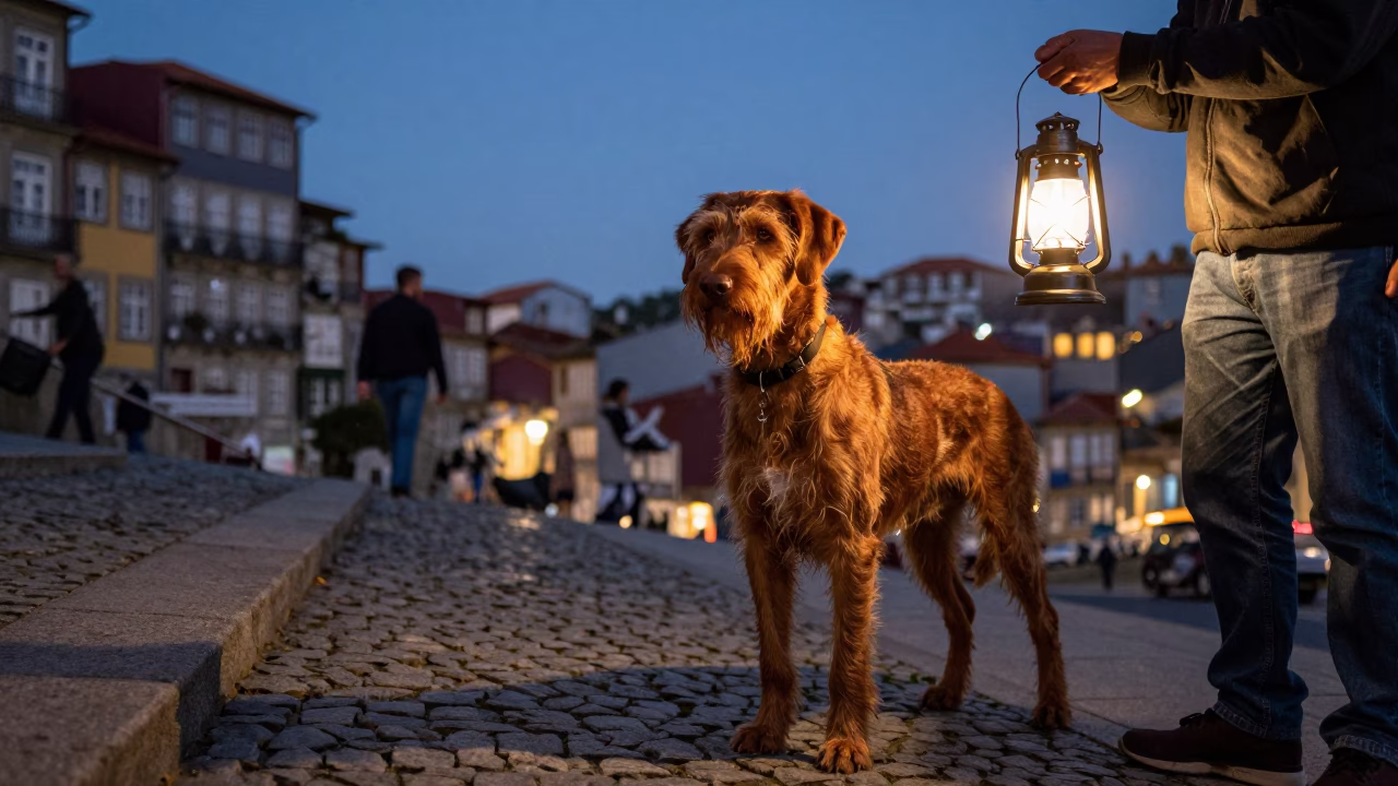 Twilight Street Scene in Porto Portugal with Wirehaired Vizsla and Hurricane Lamp in in Porto, Portugal