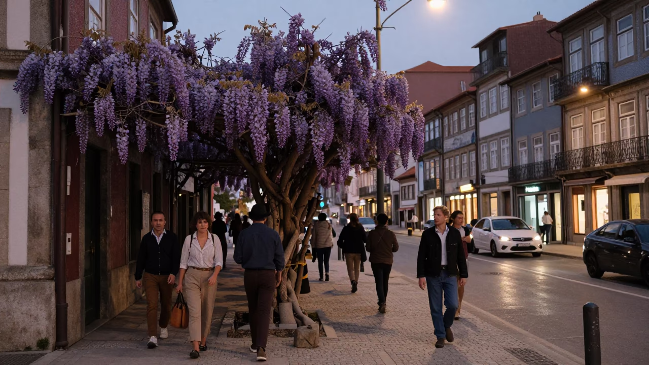 Twilight Street Scene in Porto Portugal with Wisteria and Urban Life in in Porto, Portugal