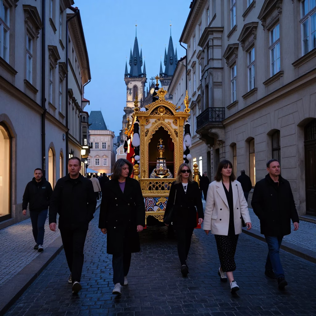 Twilight Street Scene in Prague Czech Republic with Processional Float in Narrow Cobblestone Alley in in Prague, Czech Republic