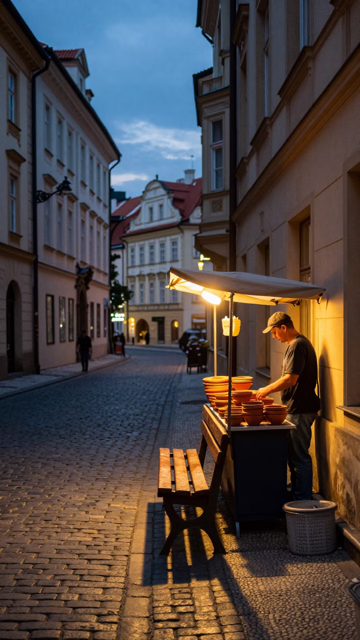 Twilight Street Scene in Prague Czech Republic with Sunlight and Urban Details in in Prague, Czech Republic