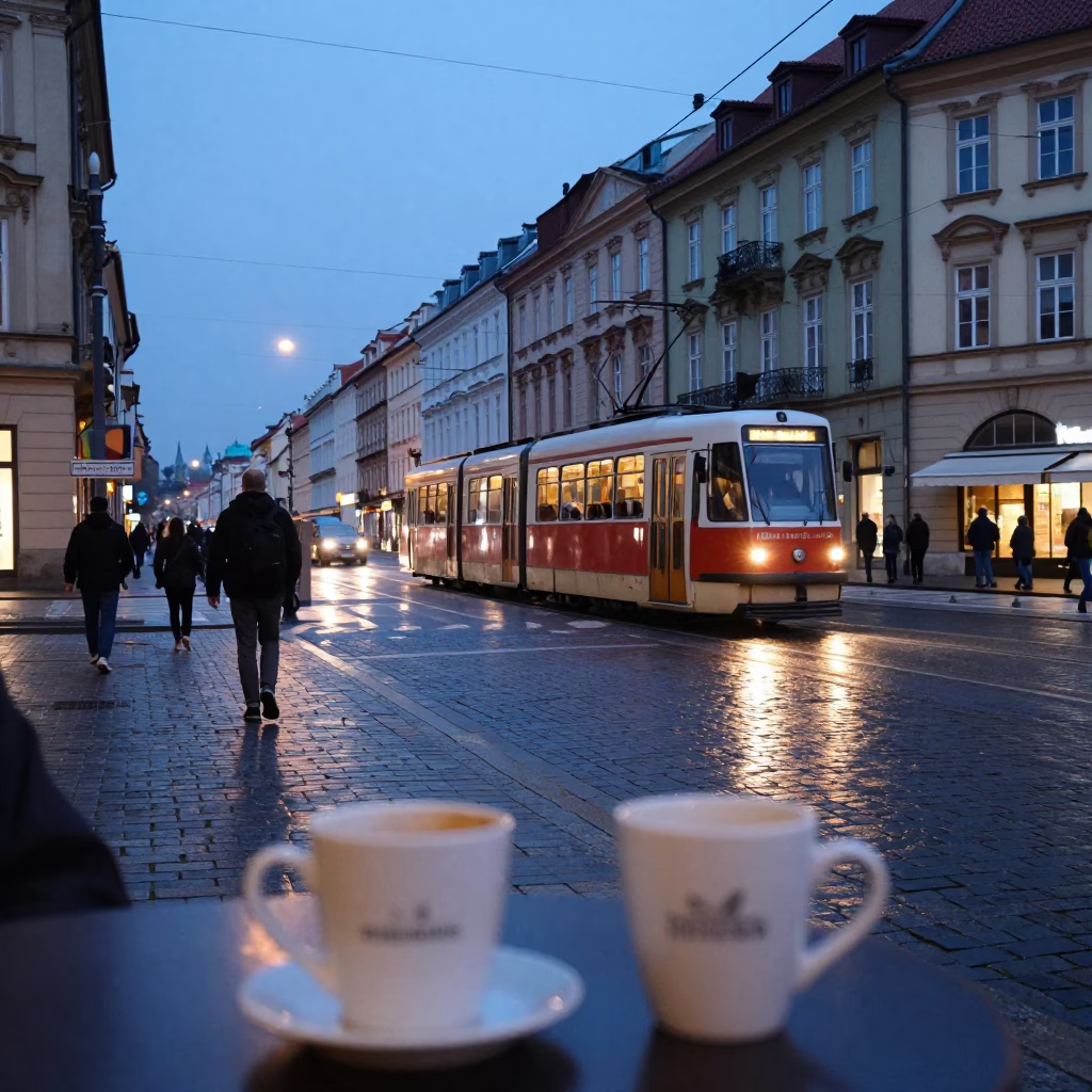 Twilight Street Scene in Prague Czech Republic with Tram and Coffee Mugs in in Prague, Czech Republic