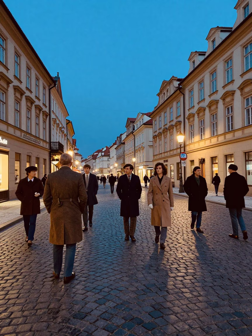 Twilight Street Scene in Prague Czech Republic with Vintage 1970s Atmosphere in in Prague, Czech Republic