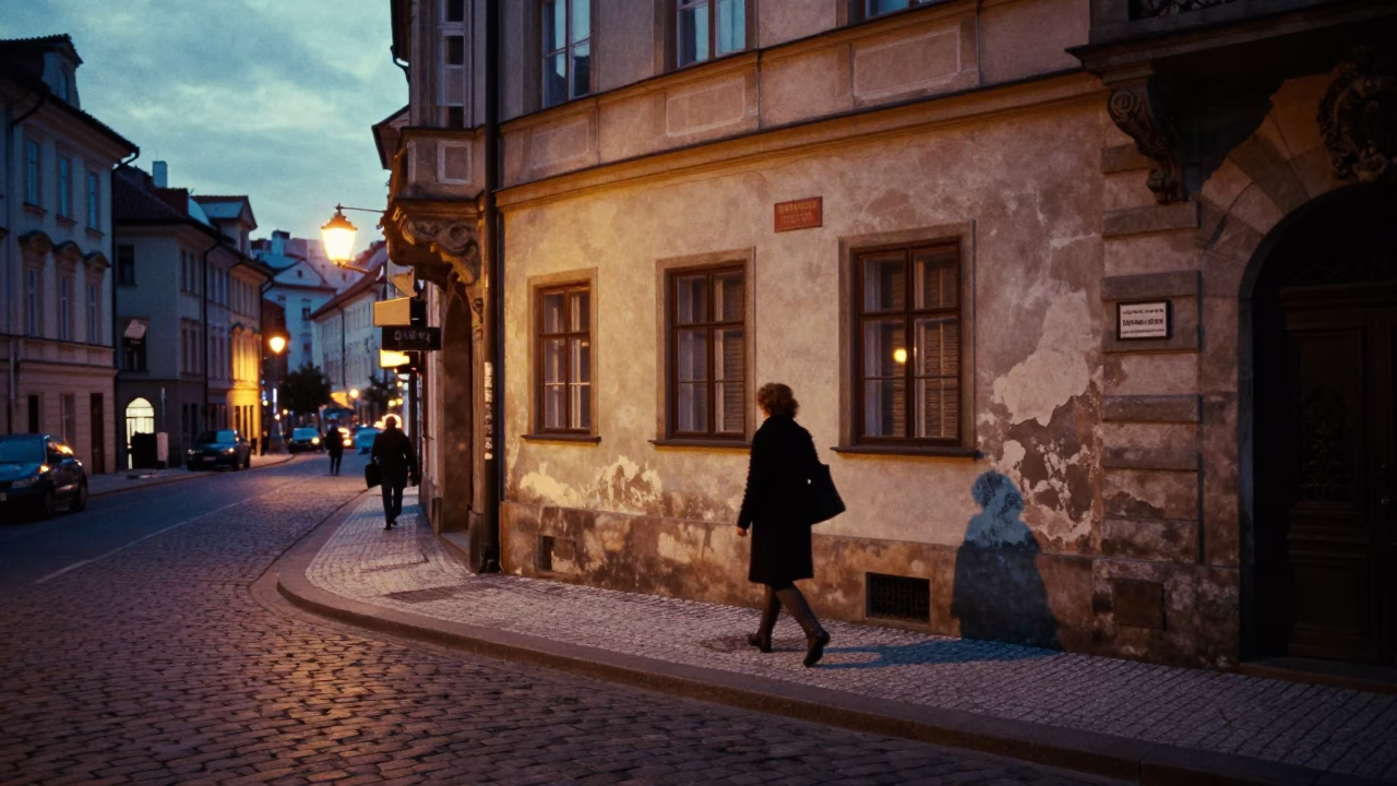 Twilight Street Scene in Prague Czech Republic with Vintage 1980s Aesthetic and Urban Details in in Prague, Czech Republic