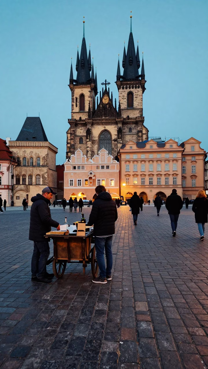 Twilight Street Scene in Prague Czech Republic with Vintage Elements and Urban Details in in Prague, Czech Republic