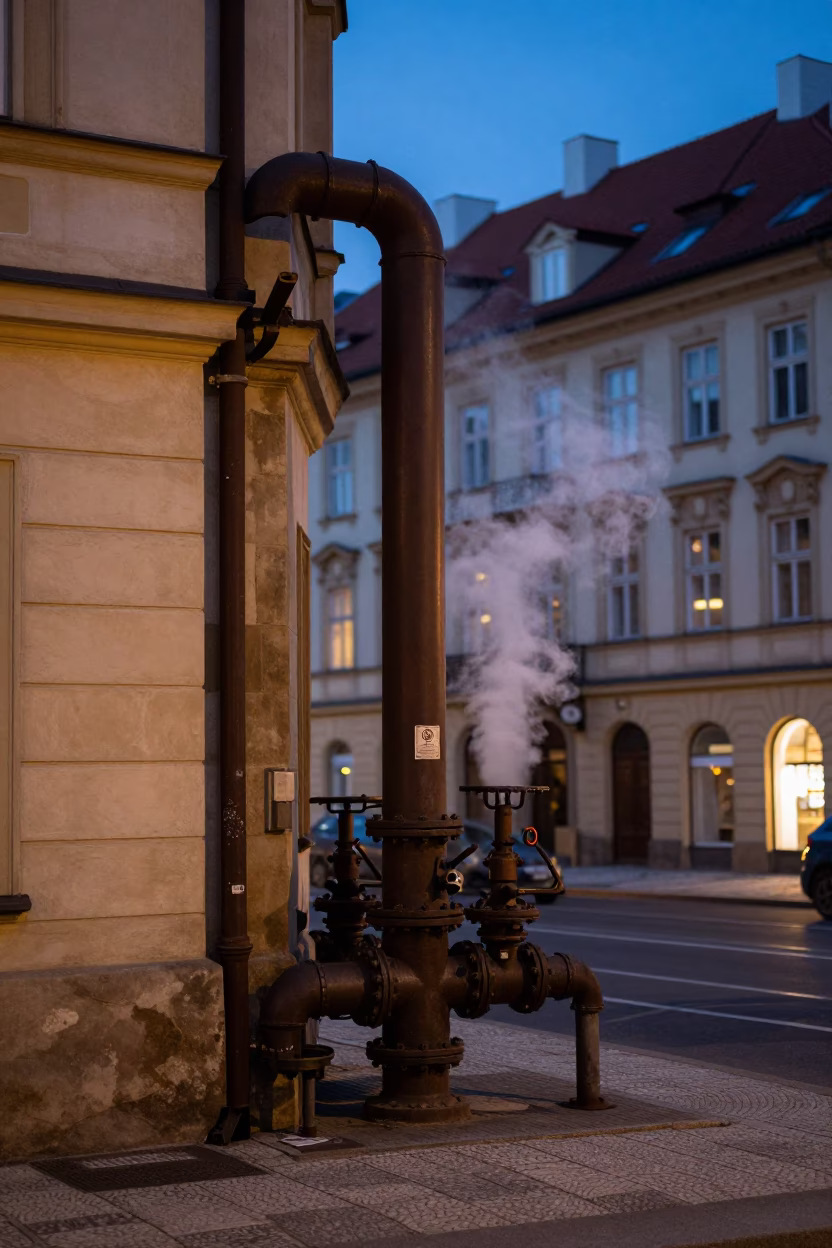 Twilight Street Scene in Prague Featuring Steaming District Heating Pipes and Frost in in Prague, Czech Republic