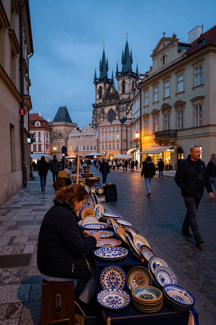 Twilight Street Scene in Prague with Majolica Plates and Local Life in in Prague, Czech Republic