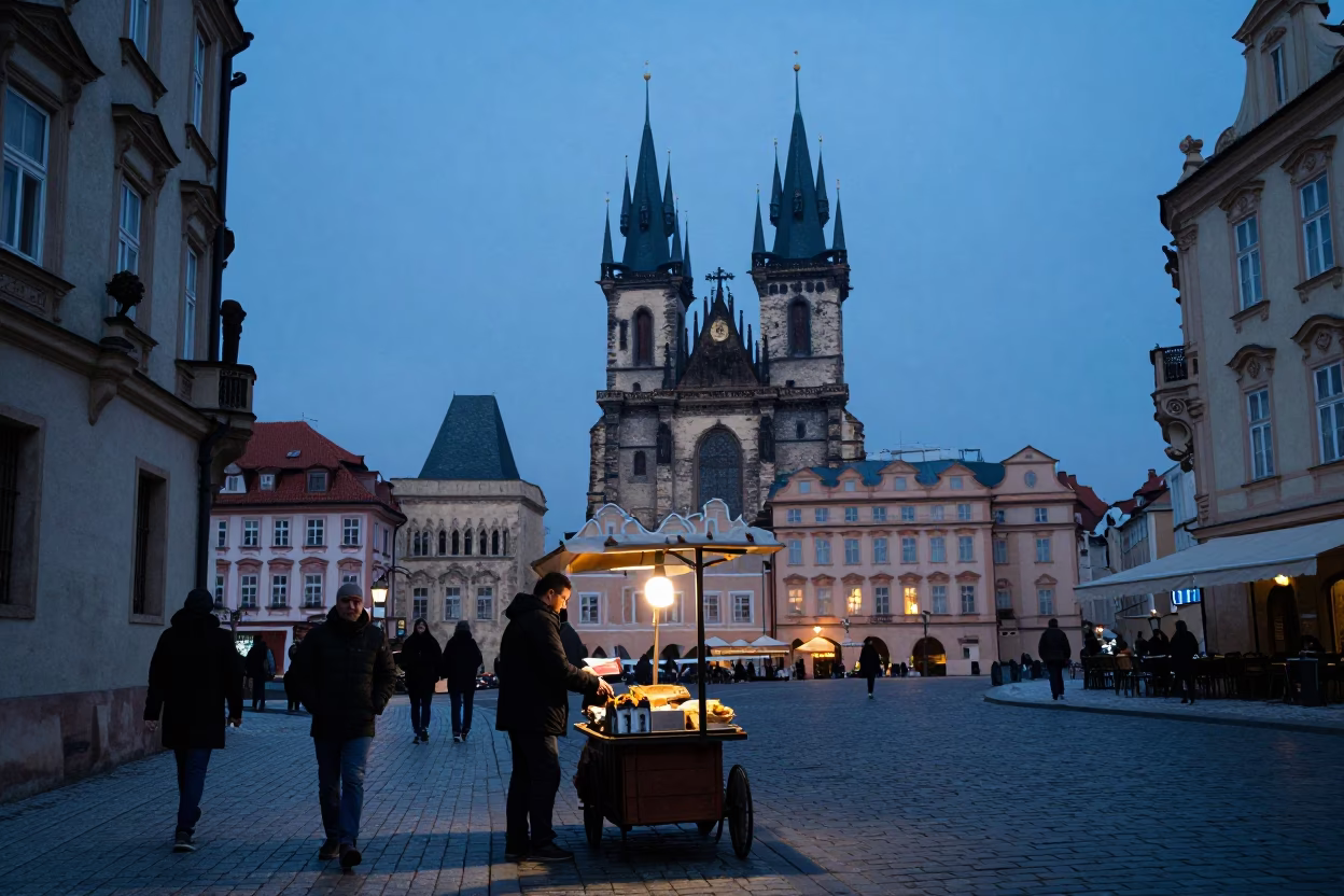 Twilight street scene in Prague with vendor rolling cart and Australian Shepherd dog in in Prague, Czech Republic
