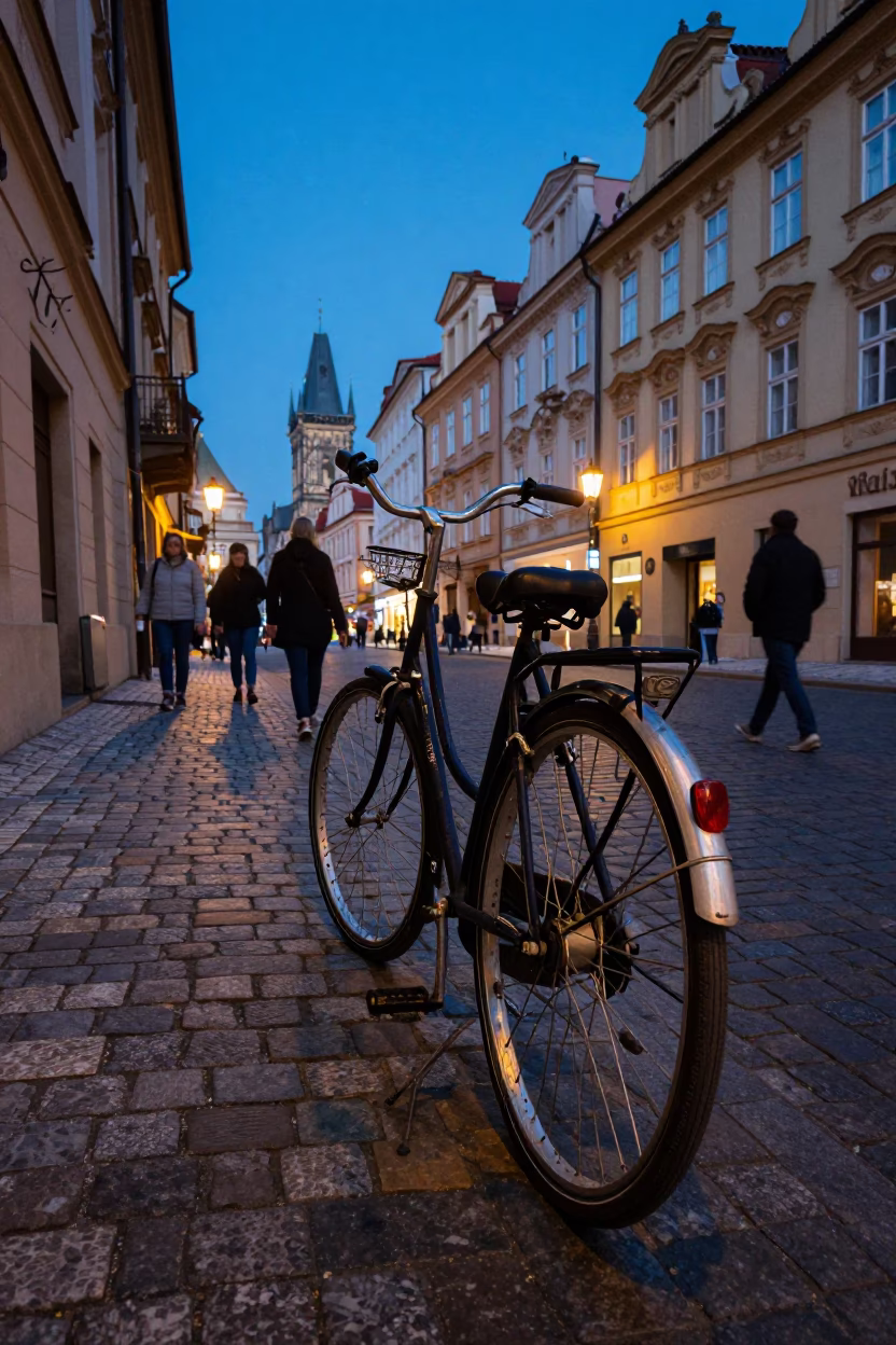 Twilight street scene in Prague with vintage bicycle and cobblestone alleys in in Prague, Czech Republic