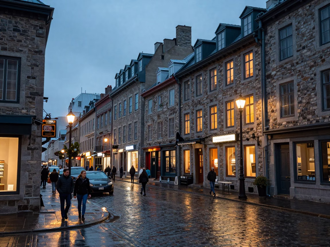 Twilight Street Scene in Quebec City featuring historic stone architecture and local dining in in Quebec City, Quebec, Canada