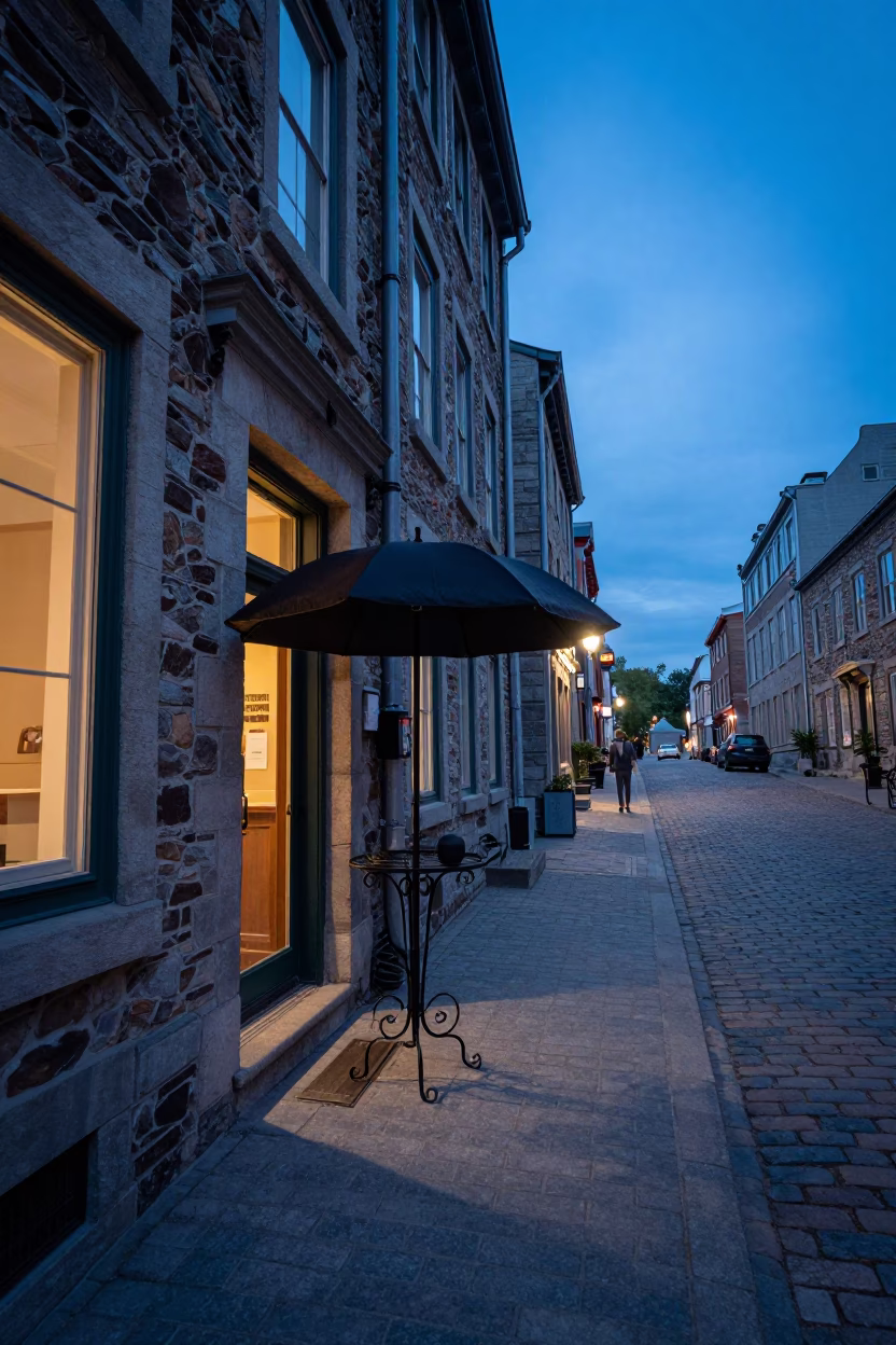 Twilight Street Scene in Quebec City Featuring Umbrella Stand and Historic Stone Architecture in in Quebec City, Quebec, Canada