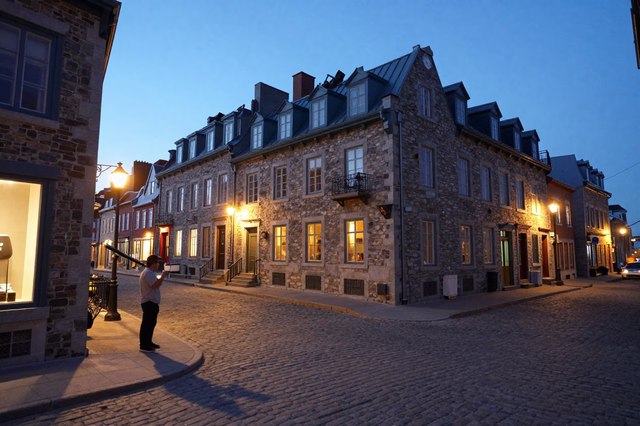 Twilight Street Scene in Quebec City Historic District with Telescopic Equipment in in Quebec City, Quebec, Canada