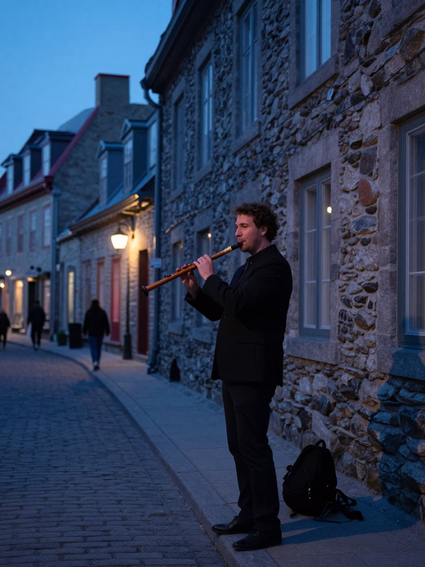 Twilight Street Scene in Quebec City Quebec Canada with Wooden Flute Player in in Quebec City, Quebec, Canada
