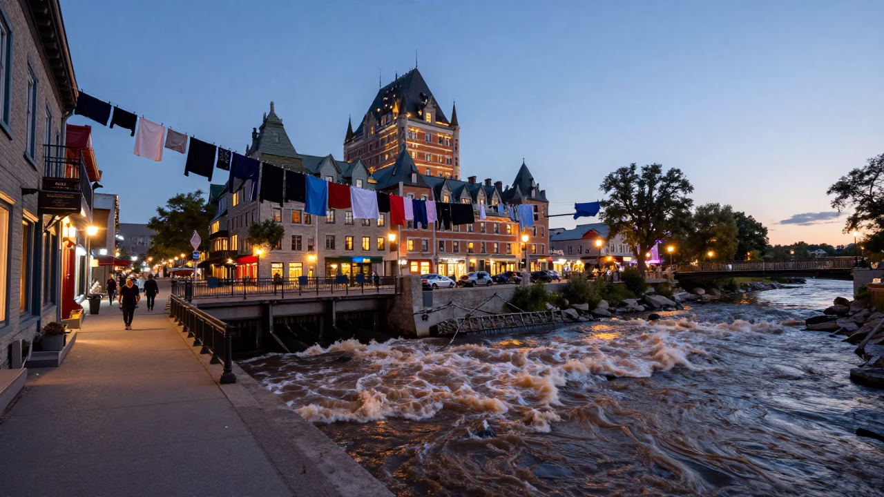 Twilight Street Scene in Quebec City with Clothesline and River Foam in in Quebec City, Quebec, Canada