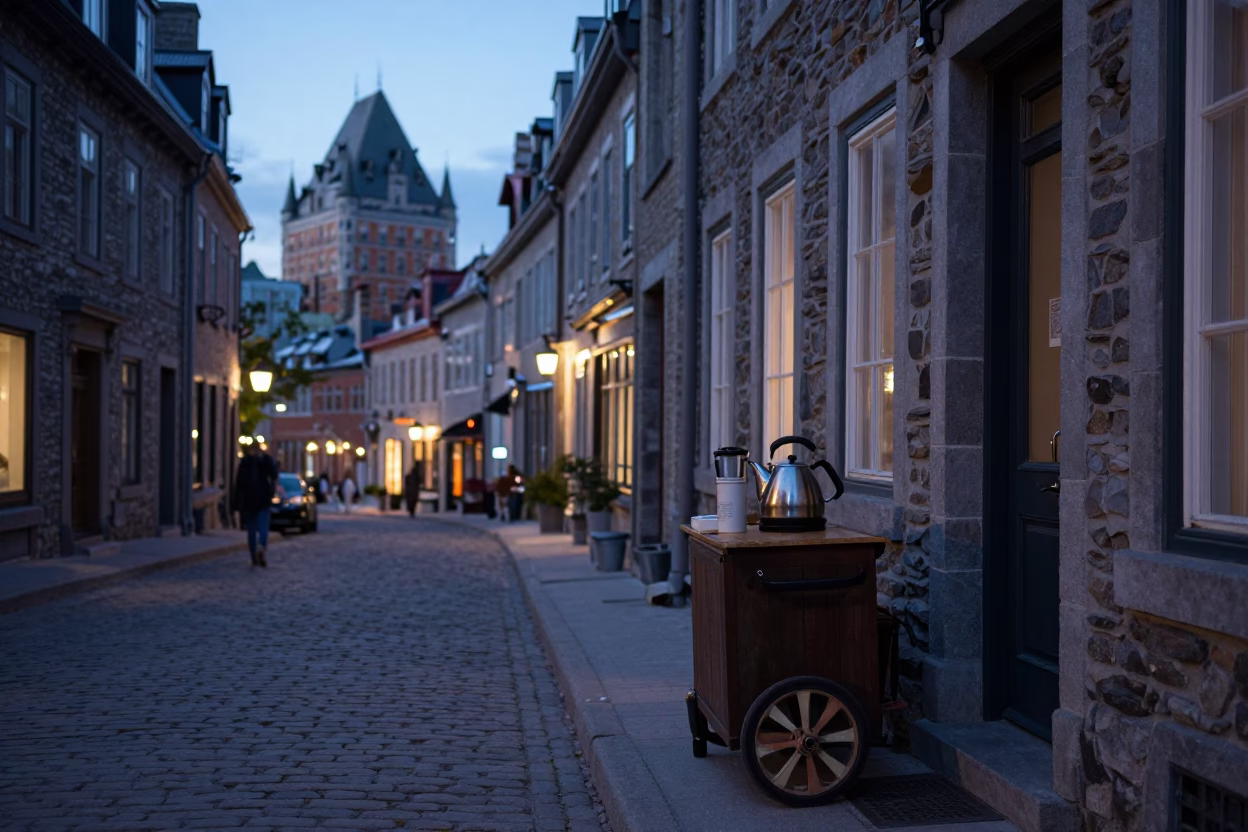 Twilight Street Scene in Quebec City with Electric Kettle and Caster Wheel in in Quebec City, Quebec, Canada